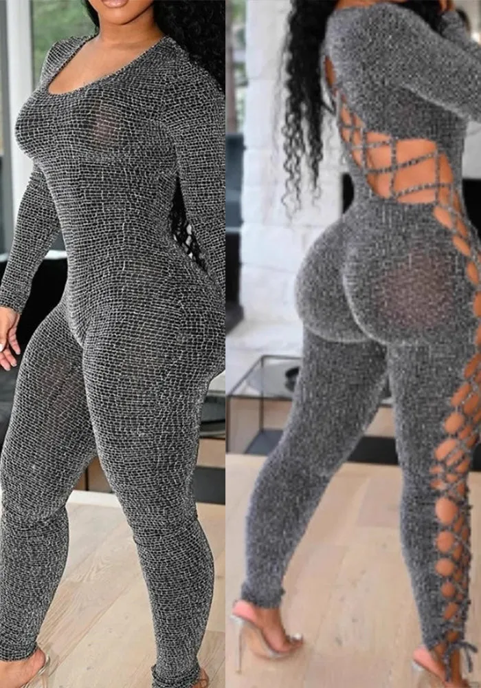 Alluring Hollow Lace Long-Sleeve Bodycon Jumpsuit with Textured Detailing