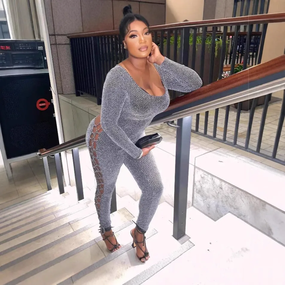 Alluring Hollow Lace Long-Sleeve Bodycon Jumpsuit with Textured Detailing