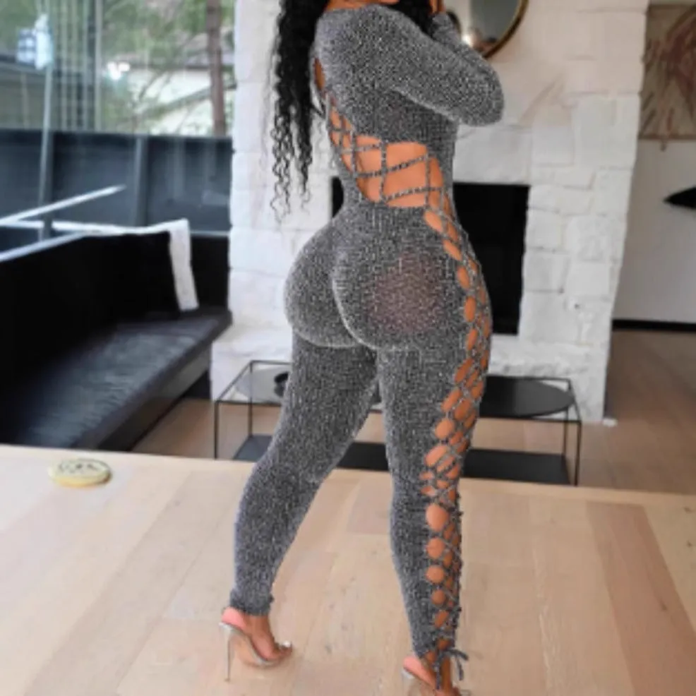 Alluring Hollow Lace Long-Sleeve Bodycon Jumpsuit with Textured Detailing