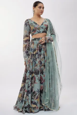 Ash Grey Georgette Digital Printed Lehenga Set
