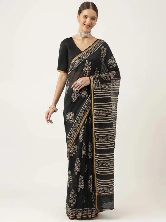 Black Handblock Chanderi Silk Saree
