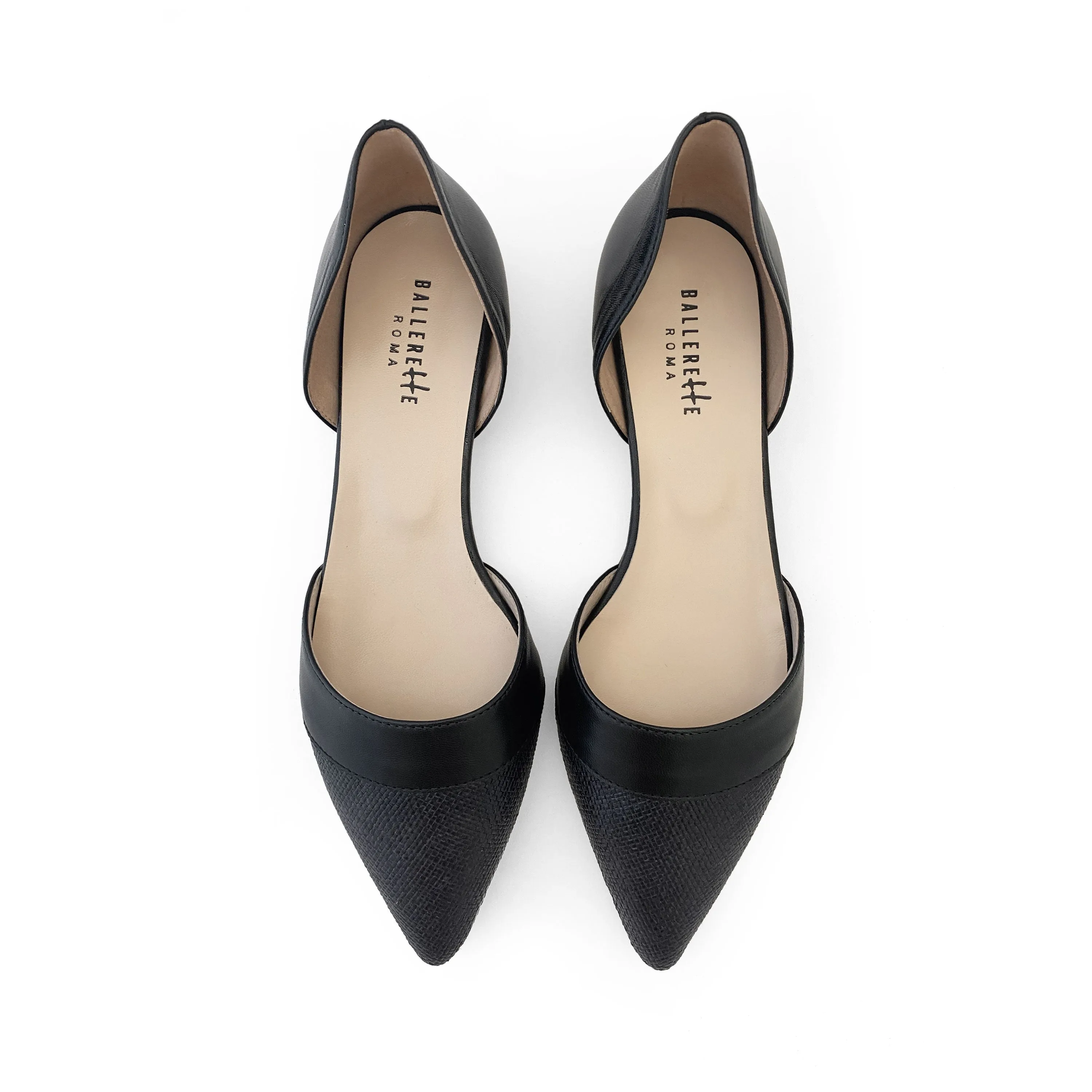 Black jute d'Orsay ballet flats with black leather details