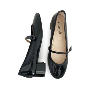 Black patent leather Mary Jane ballet flats with strap and heel