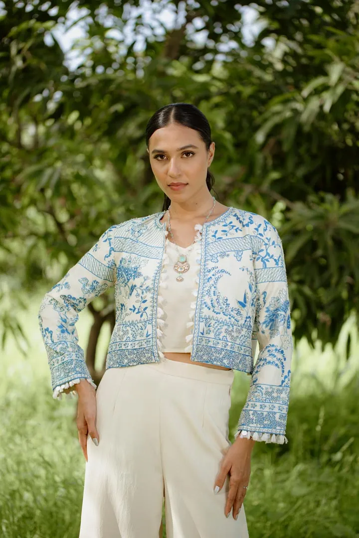 Blue Silk Digital Printed & Embroidered Jacket Set