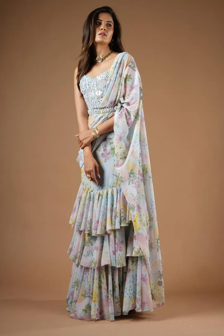 Blue Viscose Printed Ruffled Saree Set