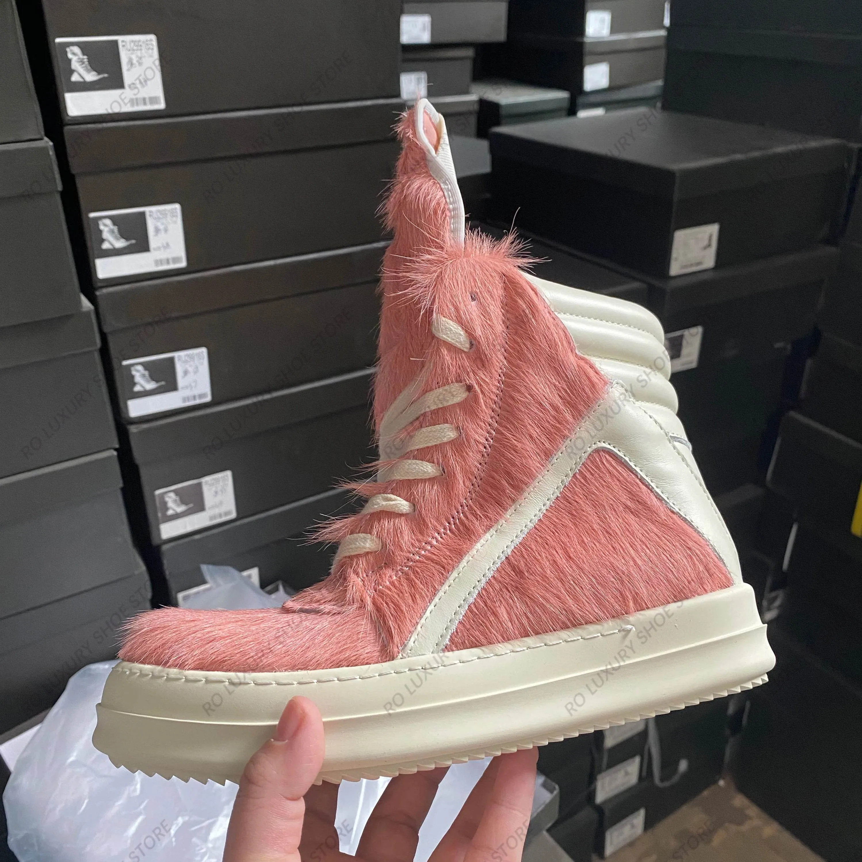 Casual Designer Horse Fur Women Ankle Boot High Top Men Sneaker Leather Geobasket Pink Zipper Quality Thick-sole Platform Shoe