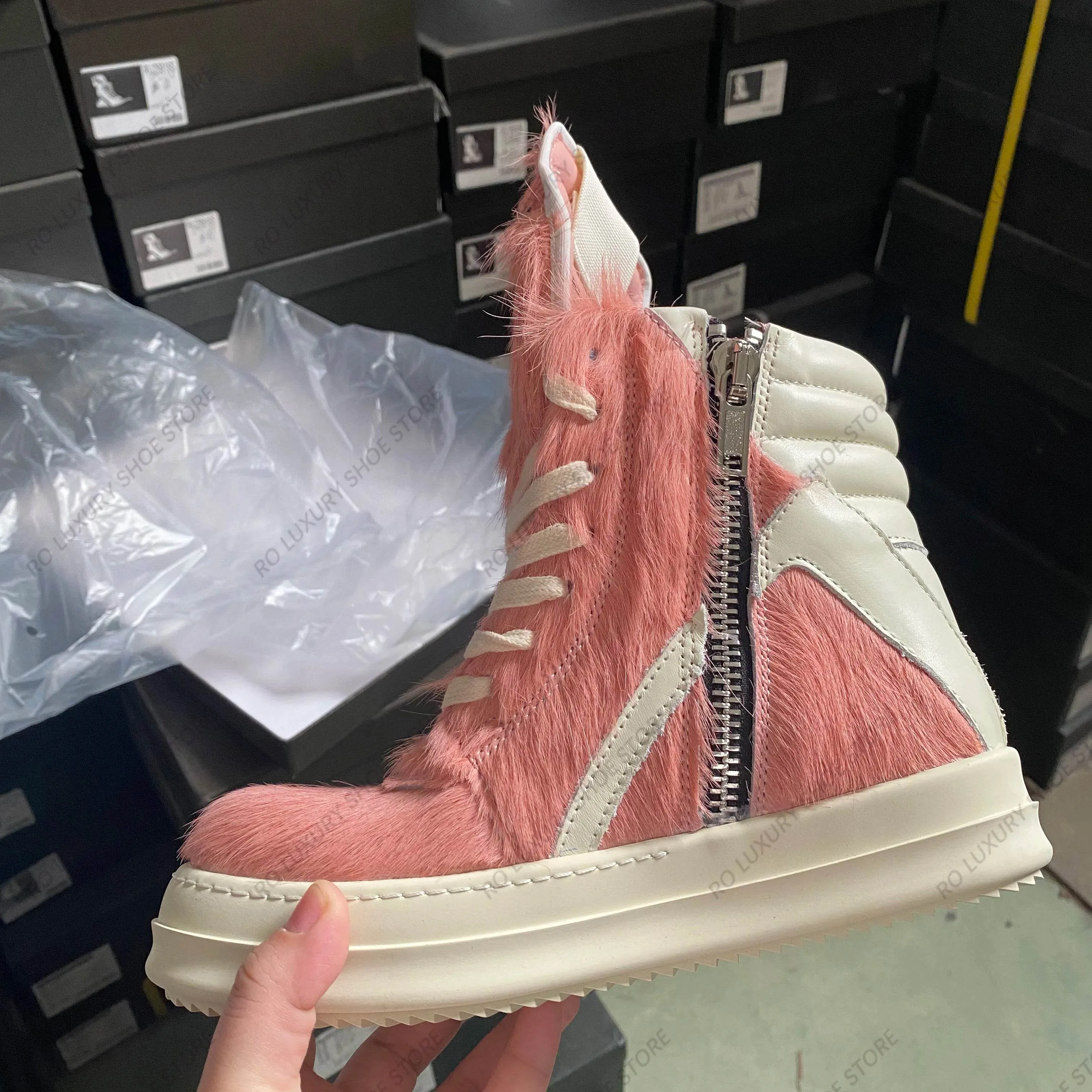 Casual Designer Horse Fur Women Ankle Boot High Top Men Sneaker Leather Geobasket Pink Zipper Quality Thick-sole Platform Shoe