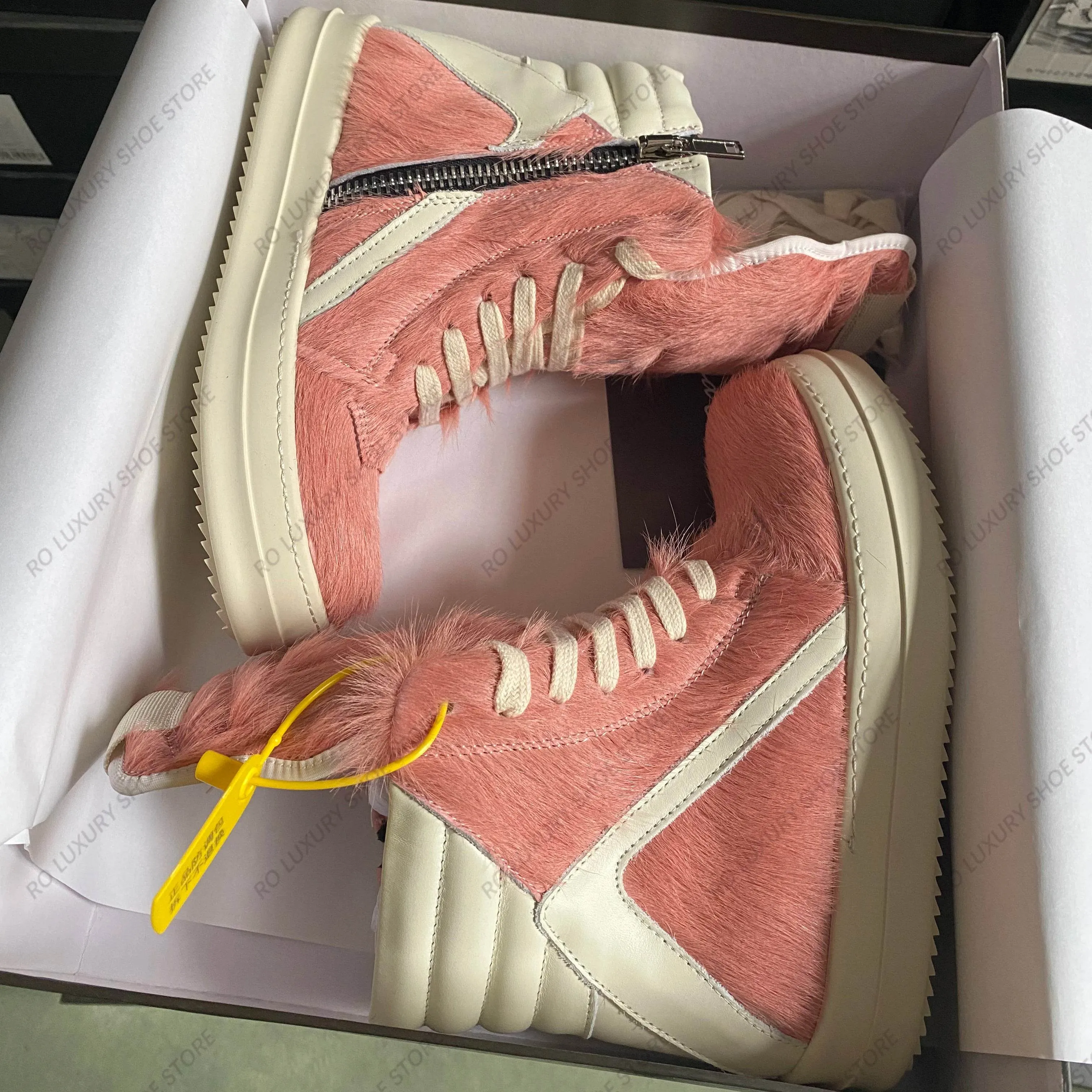 Casual Designer Horse Fur Women Ankle Boot High Top Men Sneaker Leather Geobasket Pink Zipper Quality Thick-sole Platform Shoe