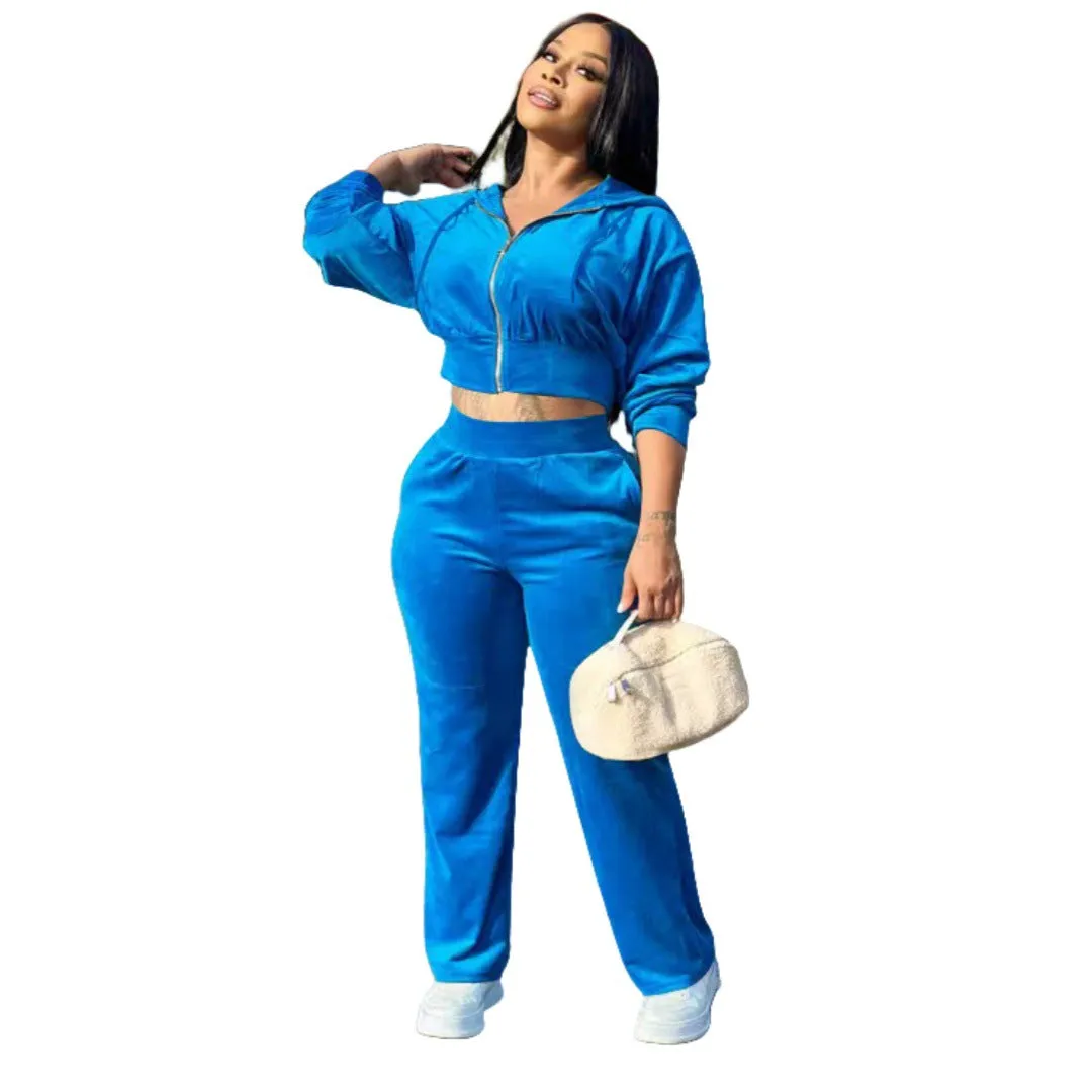 Casual Velvet Hooded Two-Piece Tracksuit with Relaxed Fit