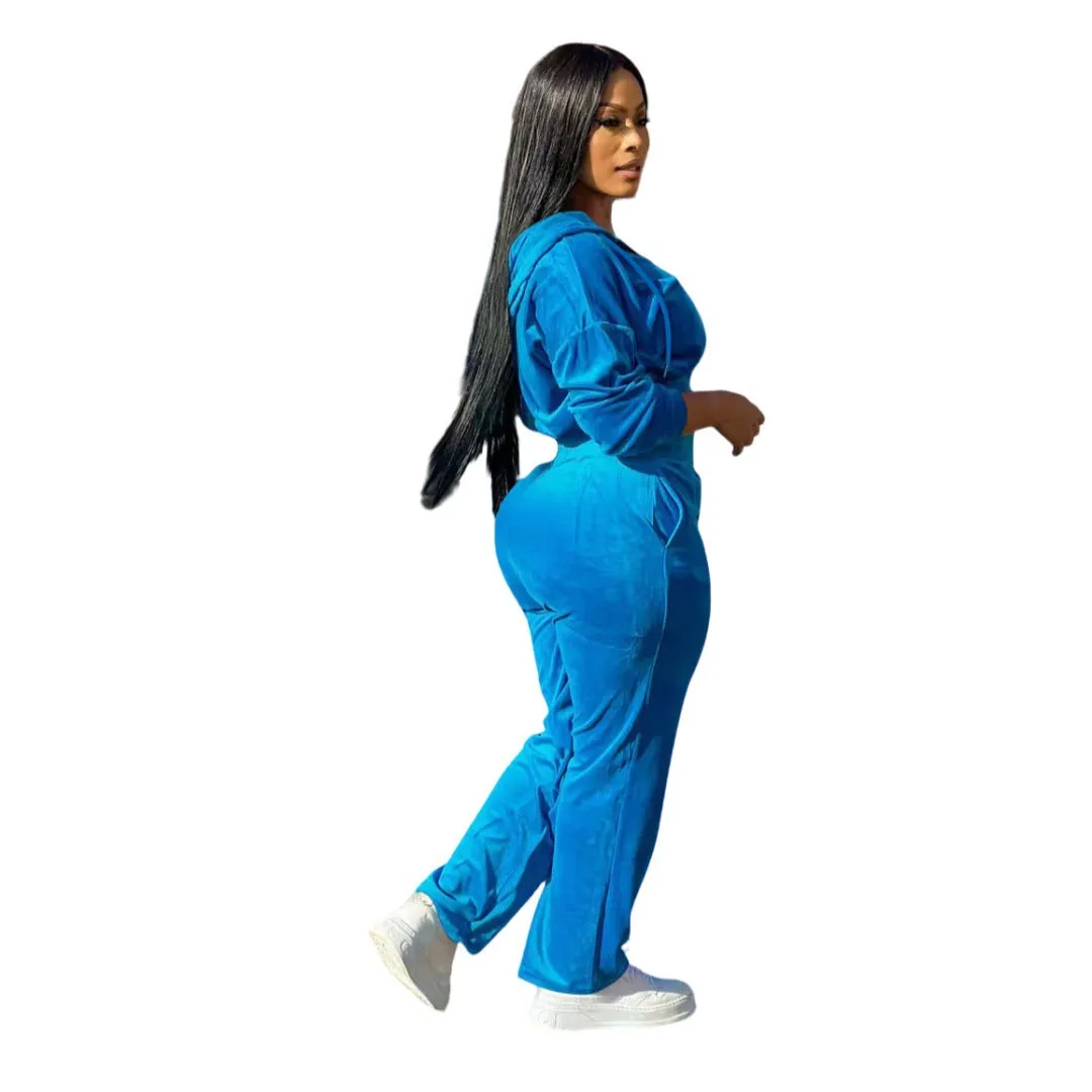 Casual Velvet Hooded Two-Piece Tracksuit with Relaxed Fit