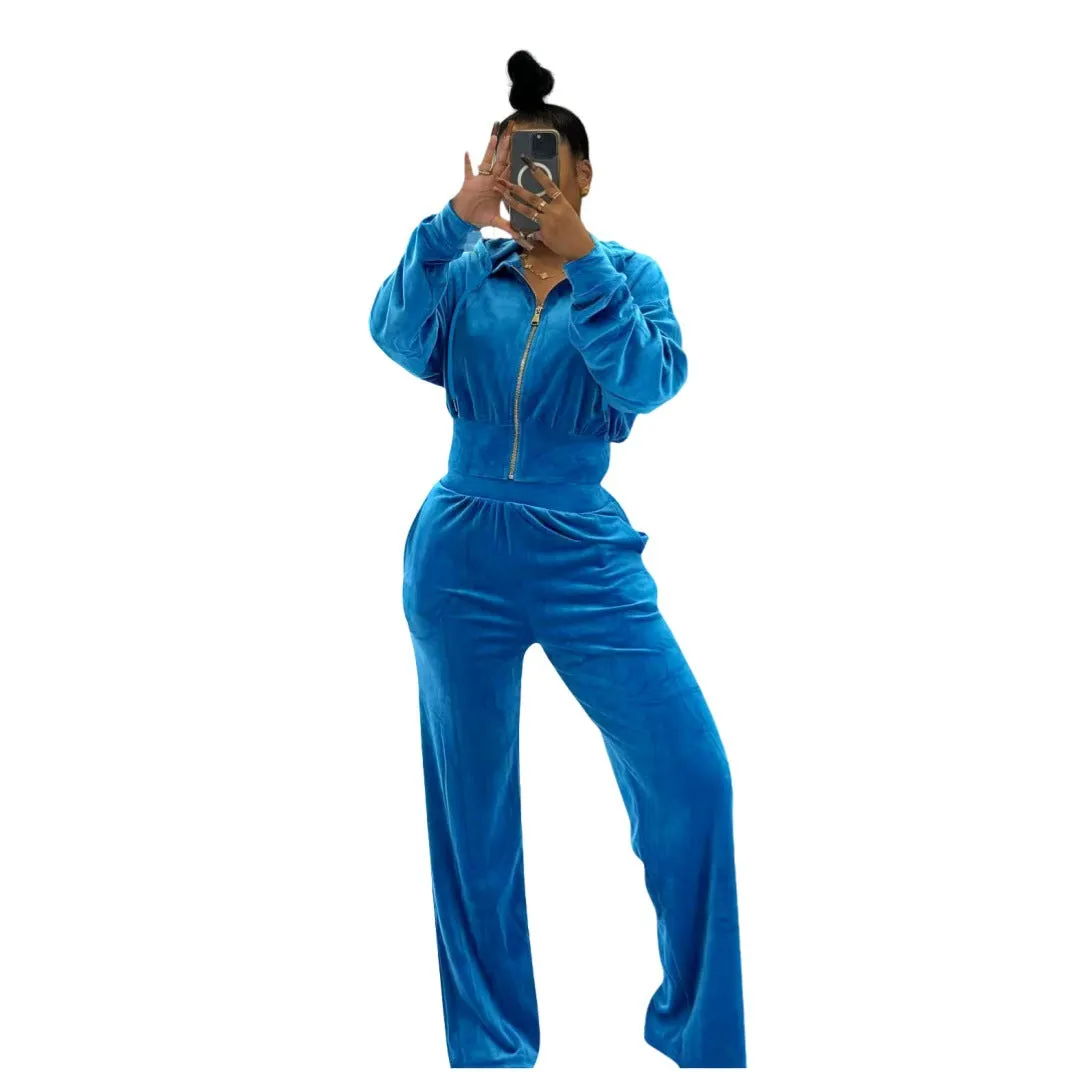 Casual Velvet Hooded Two-Piece Tracksuit with Relaxed Fit