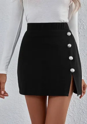 Chic Button-Embellished Side Slit Mini Skirt for Effortless Elegance