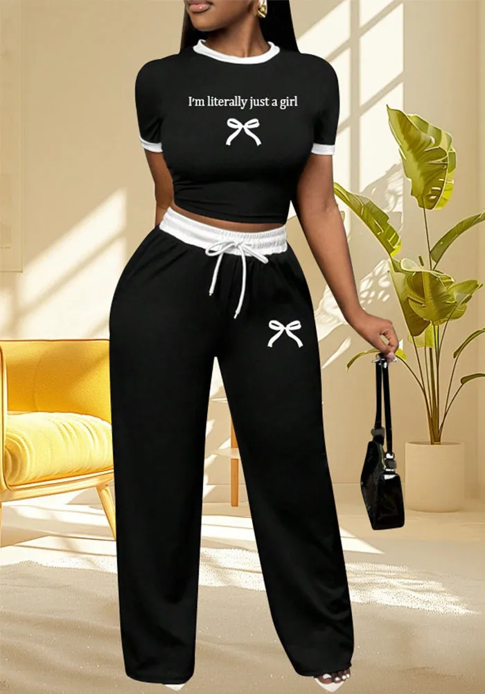 Chic Contrast Trim Graphic Tee and High-Waist Wide-Leg Pants Set