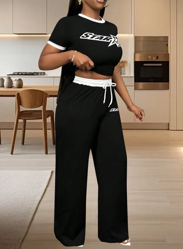 Chic Contrast Trim Graphic Tee and High-Waist Wide-Leg Pants Set