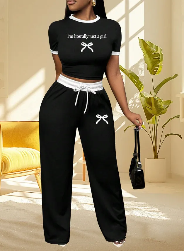 Chic Contrast Trim Graphic Tee and High-Waist Wide-Leg Pants Set