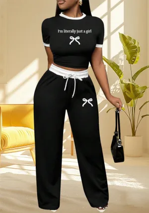 Chic Contrast Trim Graphic Tee and High-Waist Wide-Leg Pants Set