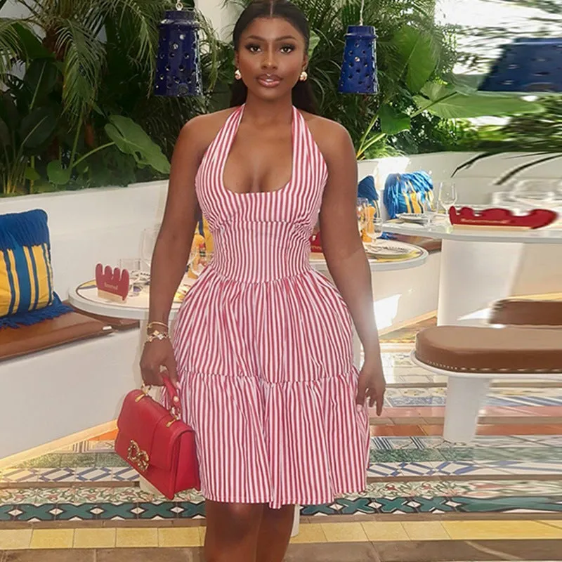 Chic Halter Neck Striped A-Line Dress with Low Back Design