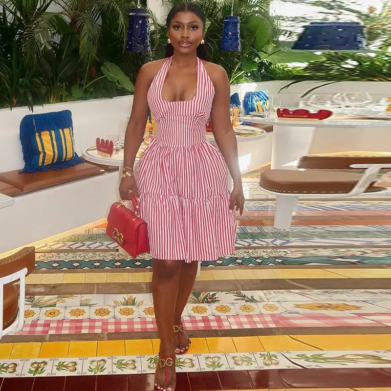 Chic Halter Neck Striped A-Line Dress with Low Back Design