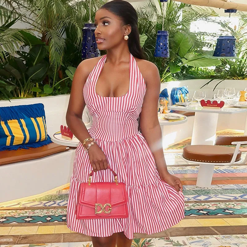 Chic Halter Neck Striped A-Line Dress with Low Back Design