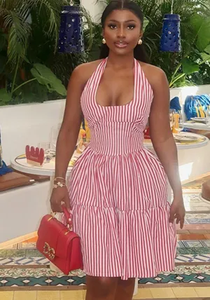 Chic Halter Neck Striped A-Line Dress with Low Back Design