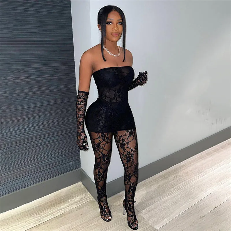 Daring Strapless Lace Two-Piece Set with Stockings and Pants