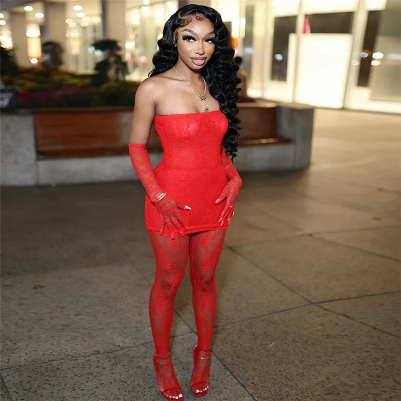 Daring Strapless Lace Two-Piece Set with Stockings and Pants