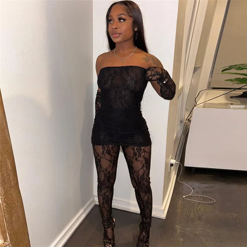 Daring Strapless Lace Two-Piece Set with Stockings and Pants