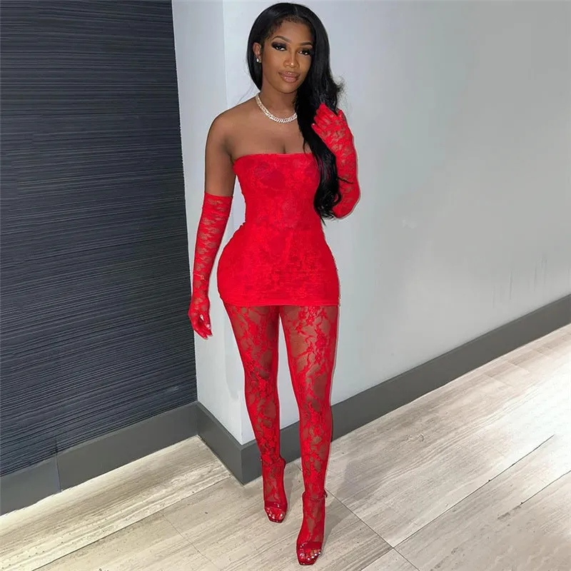 Daring Strapless Lace Two-Piece Set with Stockings and Pants