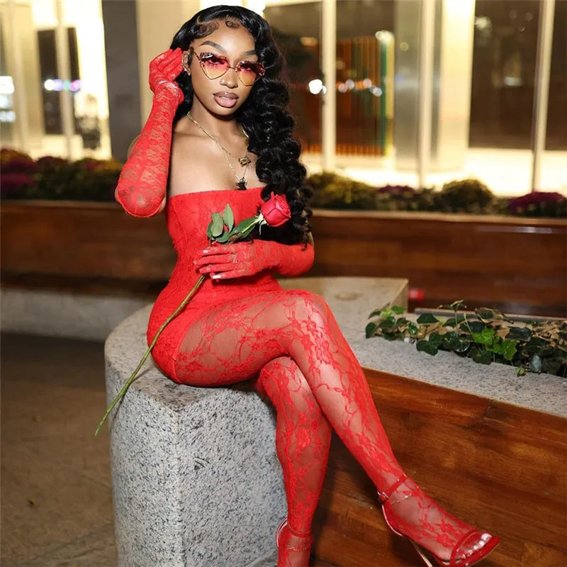Daring Strapless Lace Two-Piece Set with Stockings and Pants