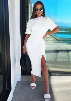 Effortless Elegance Round Neck Midi Dress with Side Slit