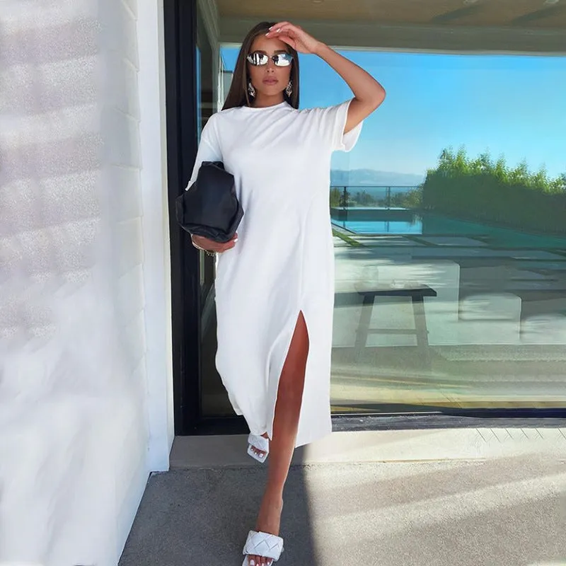 Effortless Elegance Round Neck Midi Dress with Side Slit