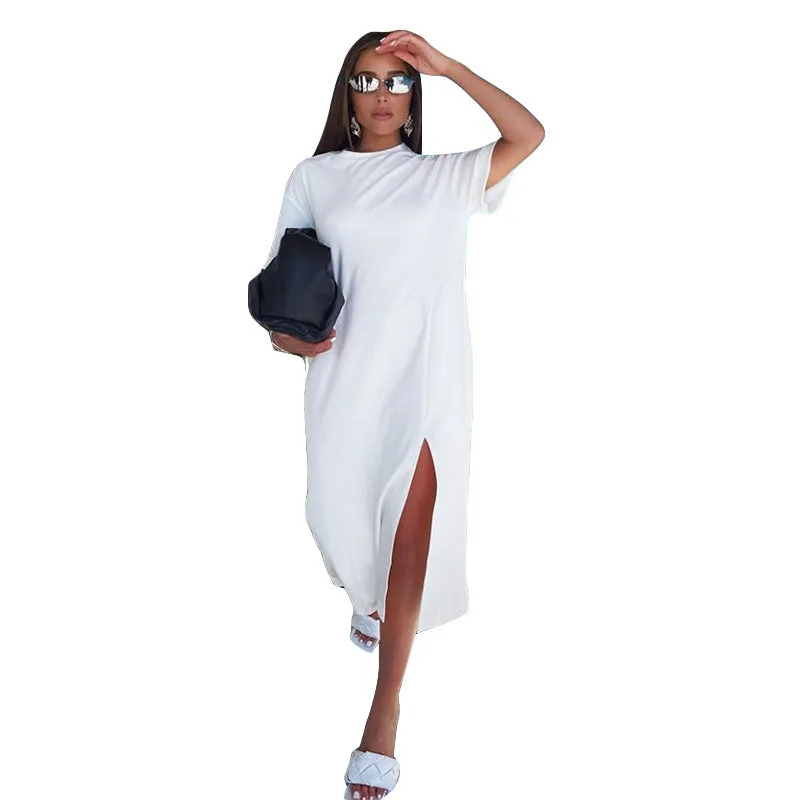 Effortless Elegance Round Neck Midi Dress with Side Slit