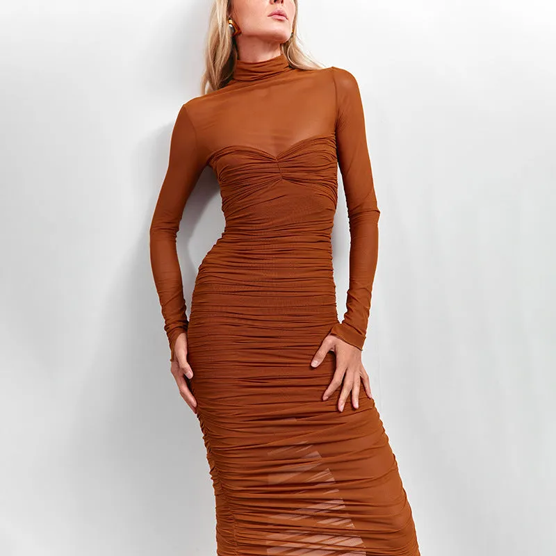 Elegant High Collar Mesh Patchwork Bodycon Dress for Bold Autumn Style