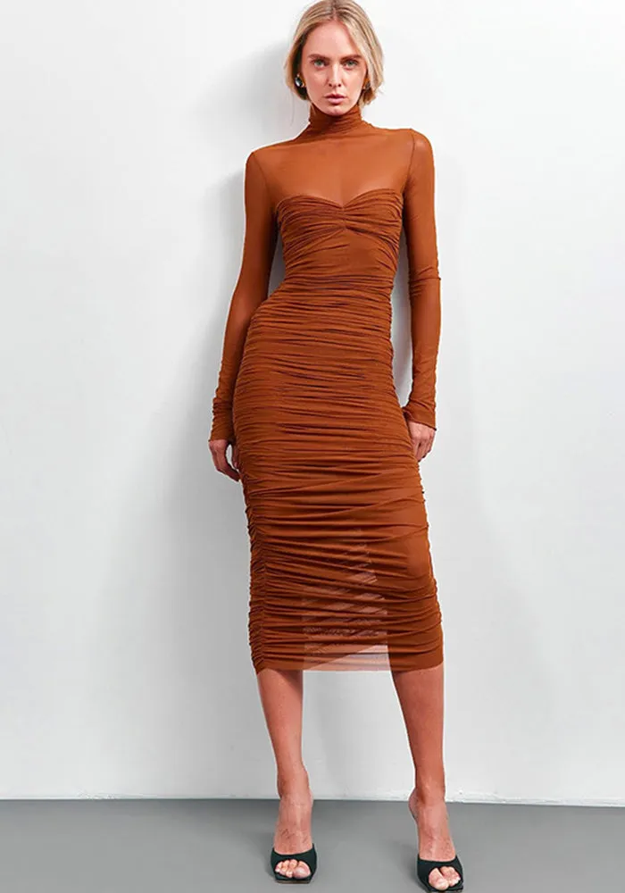 Elegant High Collar Mesh Patchwork Bodycon Dress for Bold Autumn Style