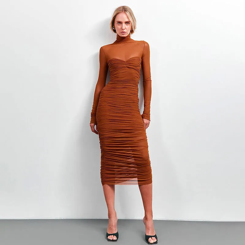 Elegant High Collar Mesh Patchwork Bodycon Dress for Bold Autumn Style