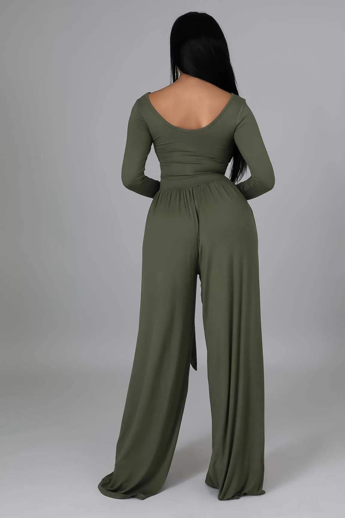 Elegant Round Neck Crop Top and Flowing Wide-Leg Trousers Two-Piece Set