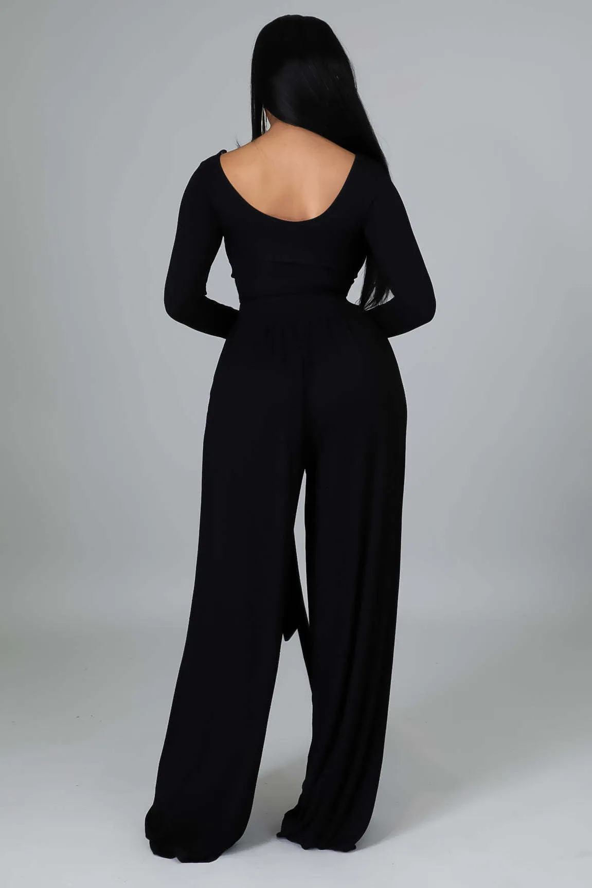 Elegant Round Neck Crop Top and Flowing Wide-Leg Trousers Two-Piece Set