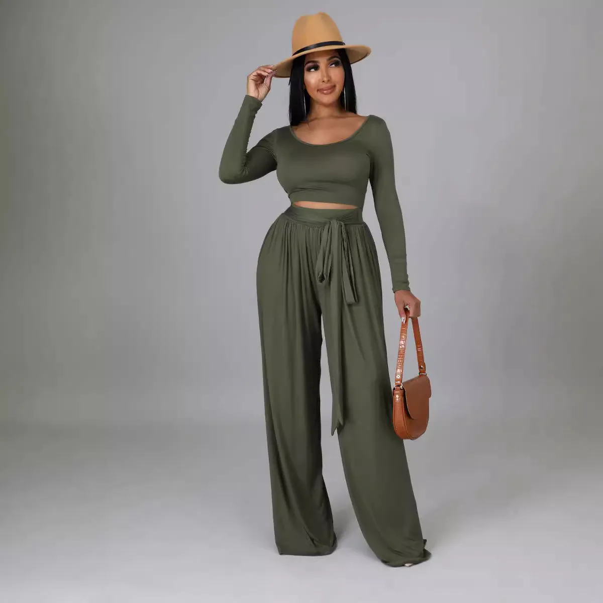 Elegant Round Neck Crop Top and Flowing Wide-Leg Trousers Two-Piece Set