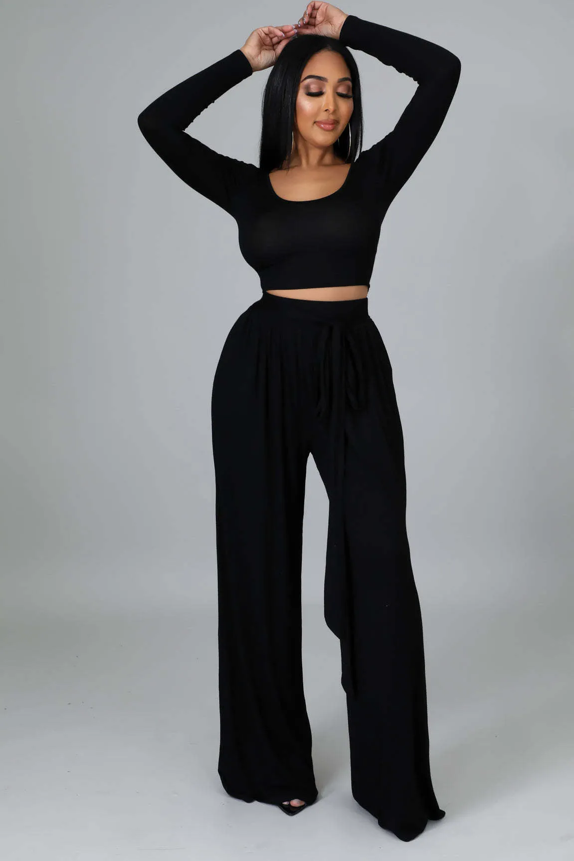 Elegant Round Neck Crop Top and Flowing Wide-Leg Trousers Two-Piece Set