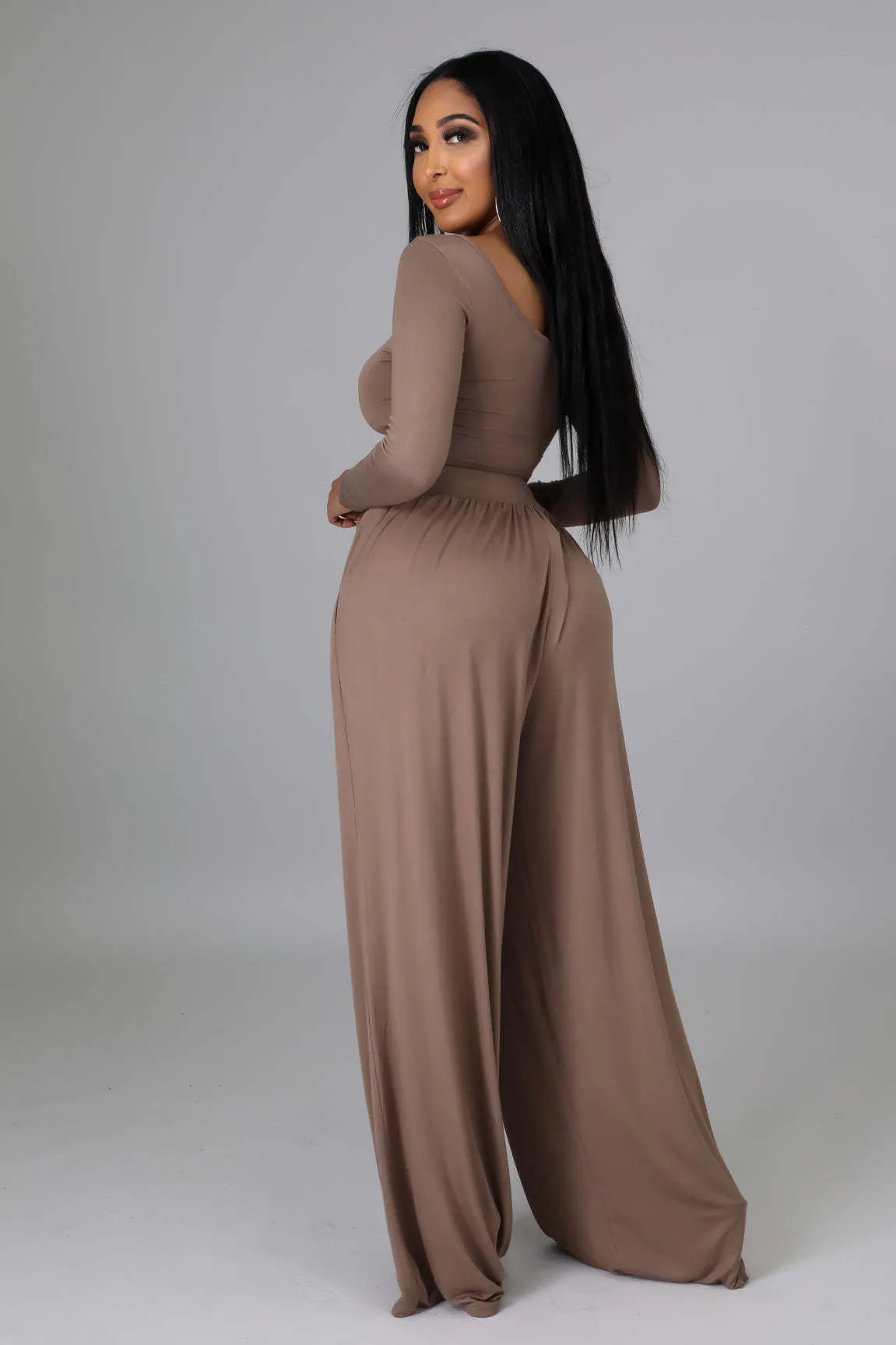 Elegant Round Neck Crop Top and Flowing Wide-Leg Trousers Two-Piece Set
