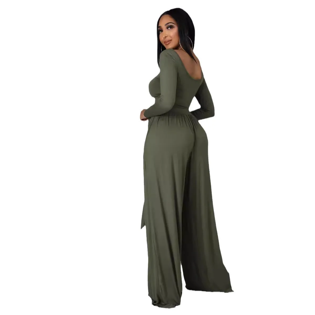 Elegant Round Neck Crop Top and Flowing Wide-Leg Trousers Two-Piece Set