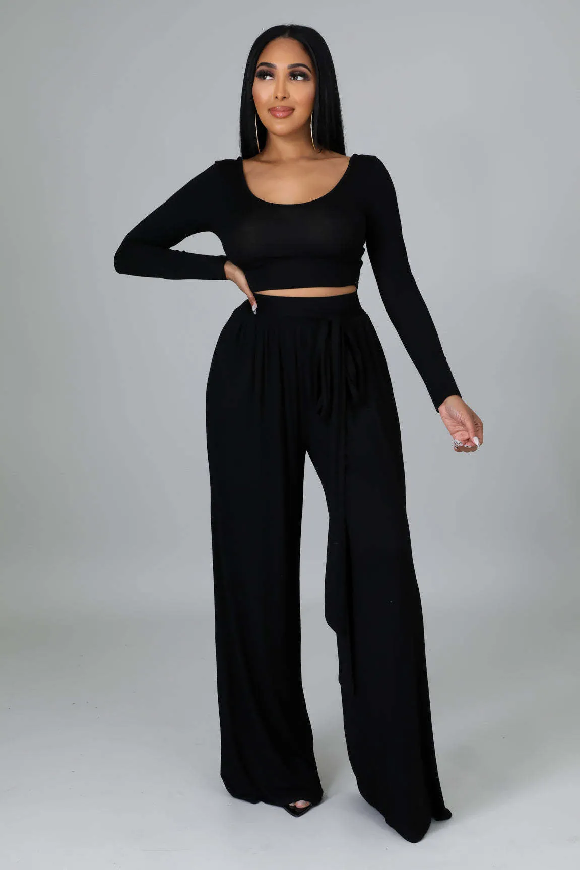 Elegant Round Neck Crop Top and Flowing Wide-Leg Trousers Two-Piece Set