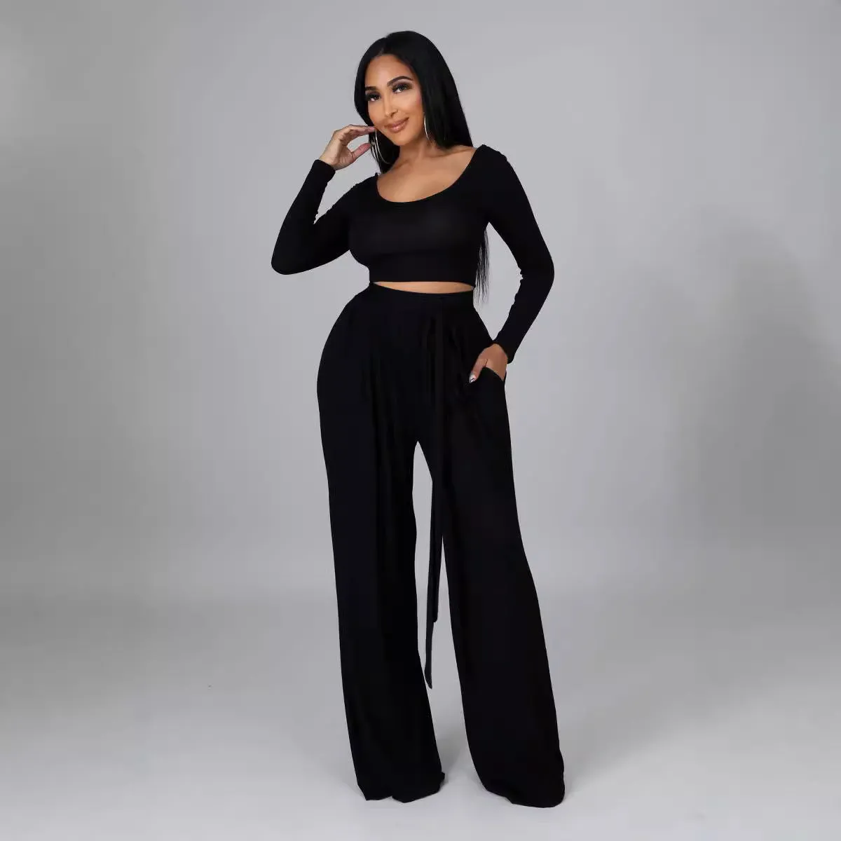 Elegant Round Neck Crop Top and Flowing Wide-Leg Trousers Two-Piece Set