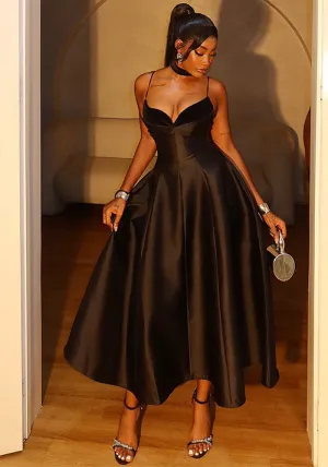 Elegant Satin Spaghetti Strap V-Neck A-Line Maxi Dress