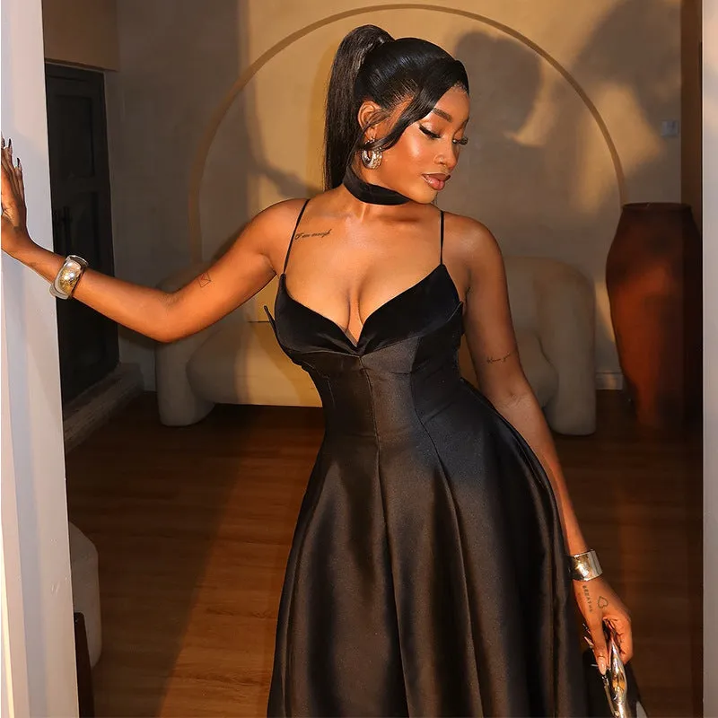 Elegant Satin Spaghetti Strap V-Neck A-Line Maxi Dress