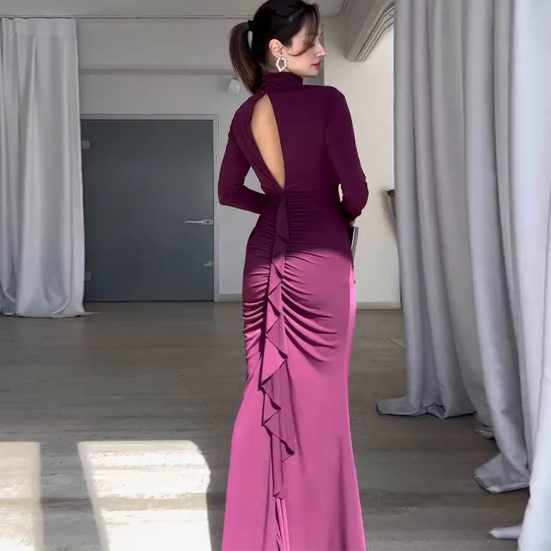 Elegant Slim-Fit Backless Bodycon Maxi Dress with Ruched Detailing