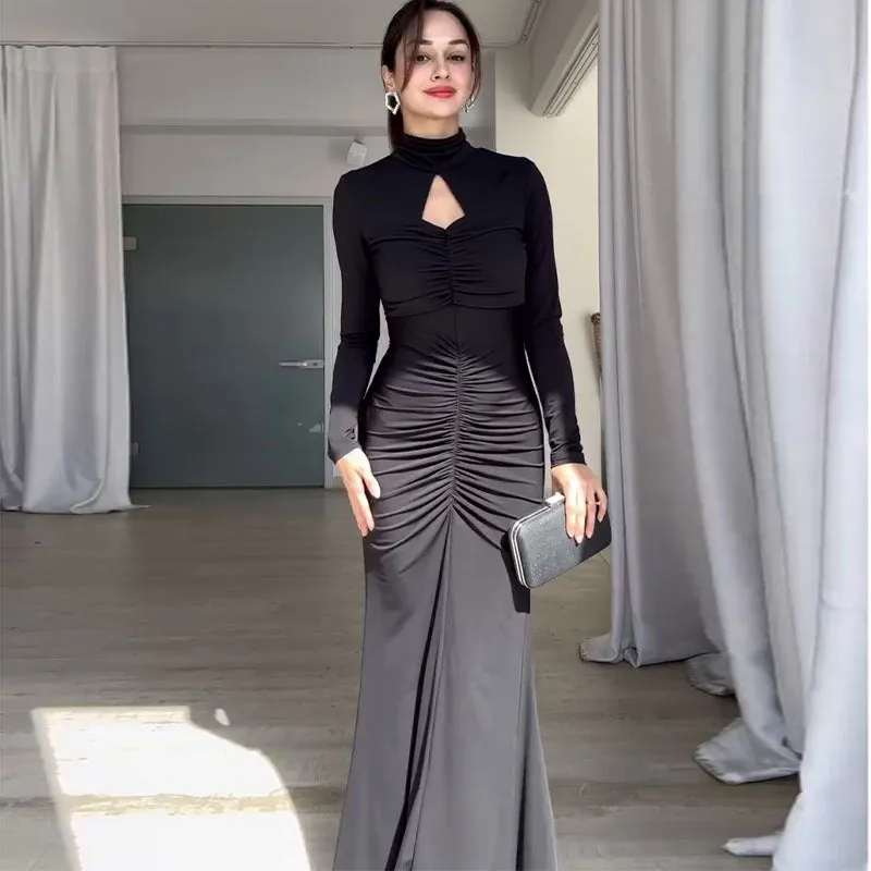 Elegant Slim-Fit Backless Bodycon Maxi Dress with Ruched Detailing