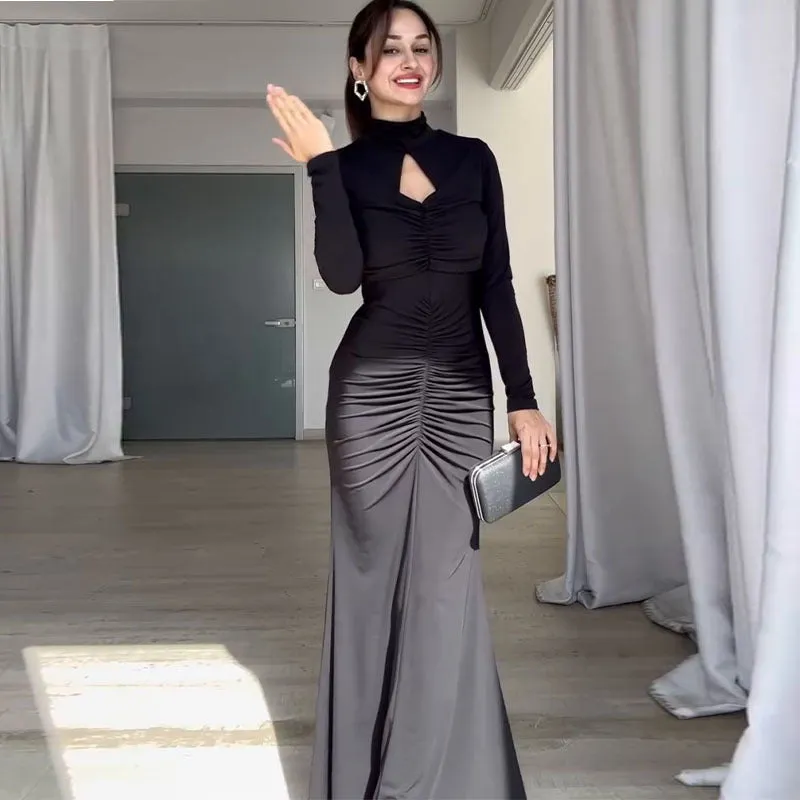 Elegant Slim-Fit Backless Bodycon Maxi Dress with Ruched Detailing
