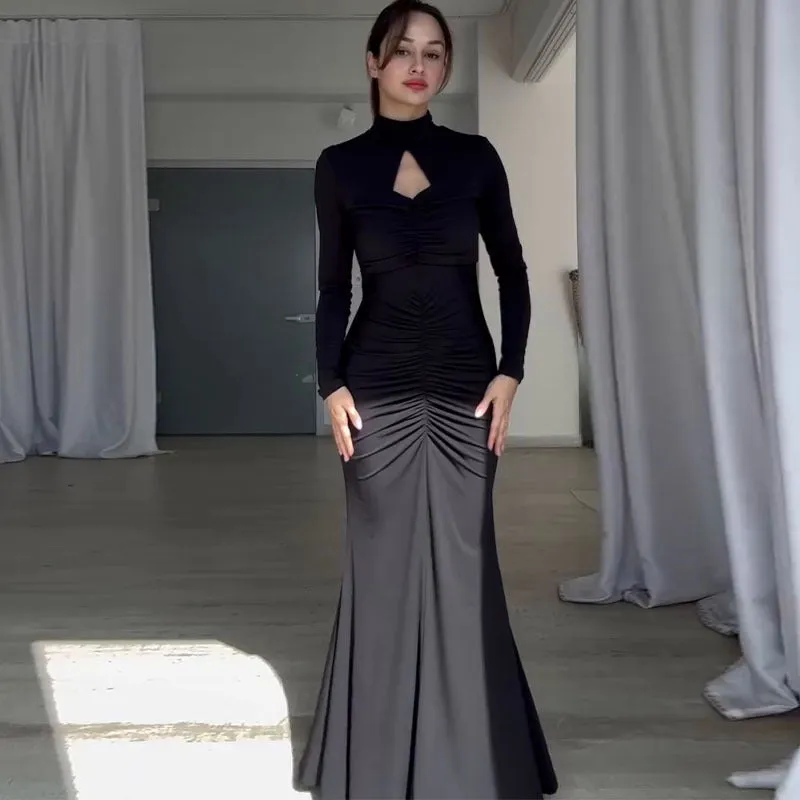 Elegant Slim-Fit Backless Bodycon Maxi Dress with Ruched Detailing