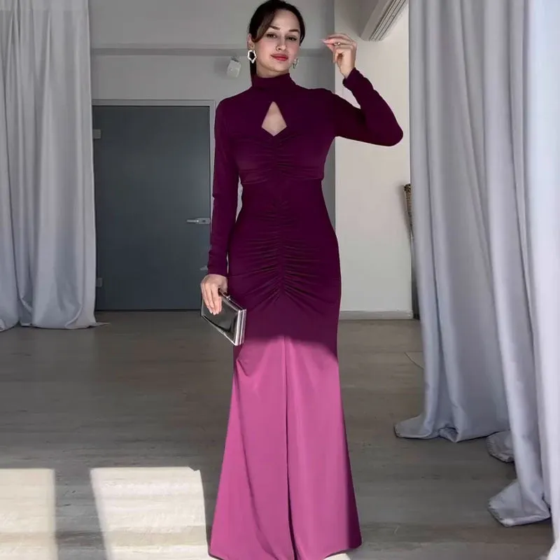Elegant Slim-Fit Backless Bodycon Maxi Dress with Ruched Detailing